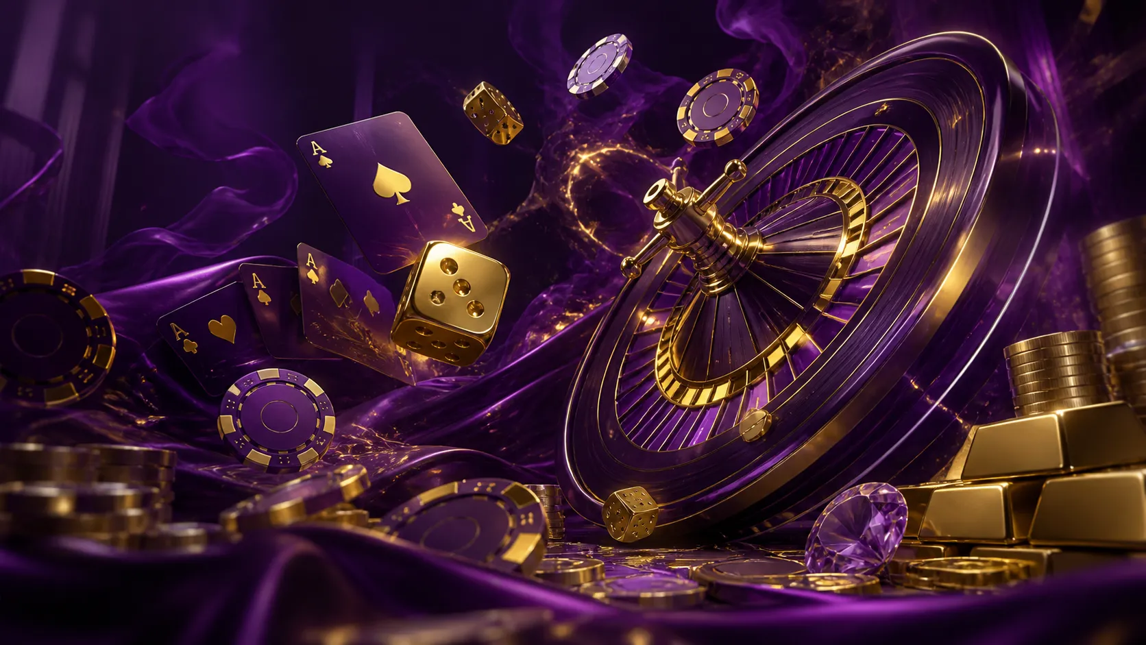 Casino-themed hero banner with cyberpunk neon aesthetics, featuring glowing poker chips, cards, and dice against a dark backg