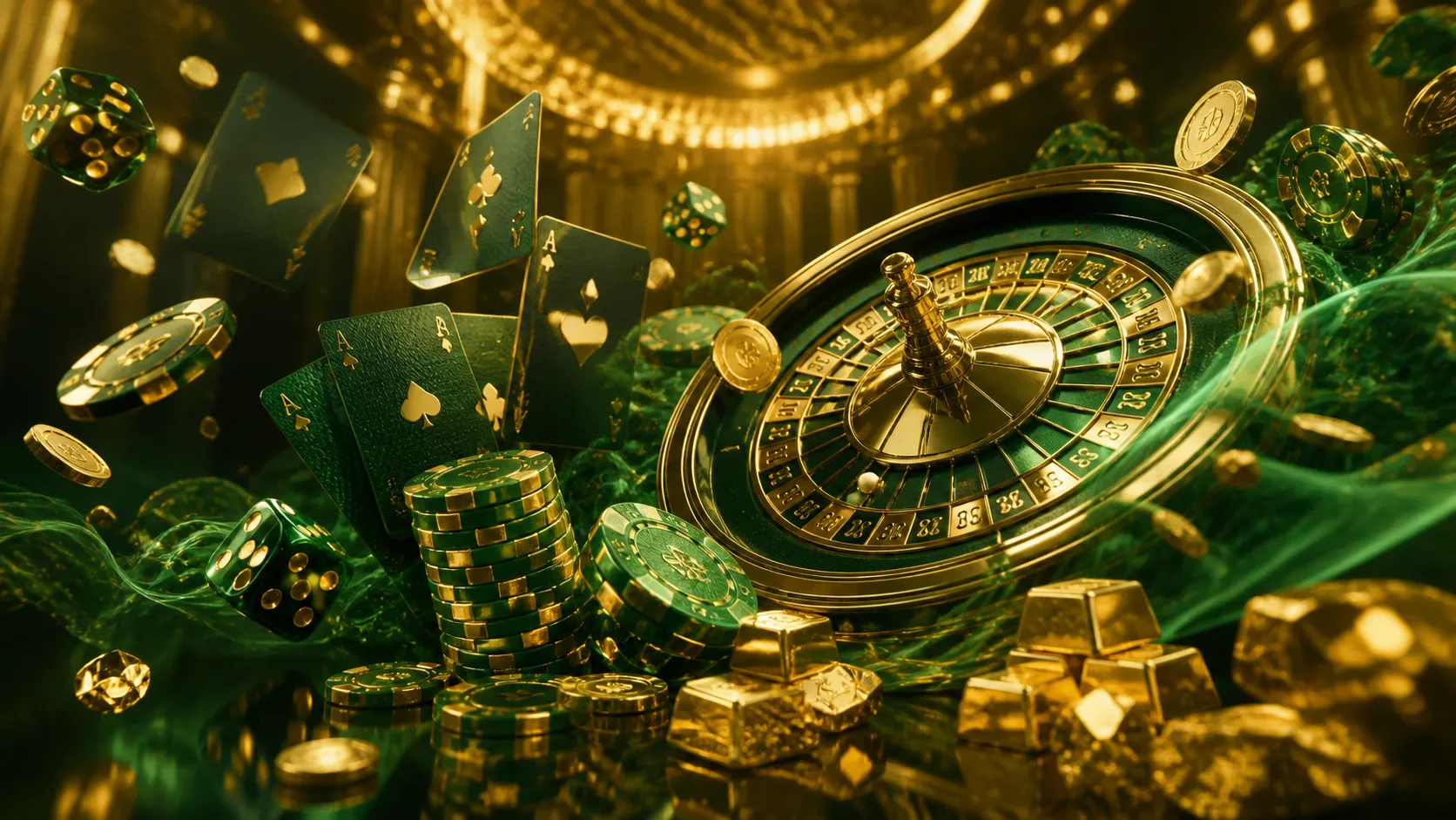 Stylish hero banner featuring luxury casino elements such as poker chips, playing cards, and roulette wheel, in a high-end ar